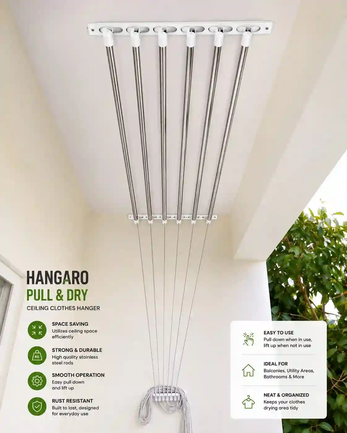Hangaro Pull & Dry ceiling clothes hanger